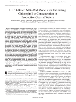 HICO-Based NIR–Red Models for Estimating Chlorophyll-A Concentration in Productive Coastal Waters Wesley J