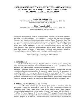 Análise Comparativa Das Estratégias Financeiras Das Empresas De Capital Aberto Do Setor De Transporte Aéreo Brasileiro