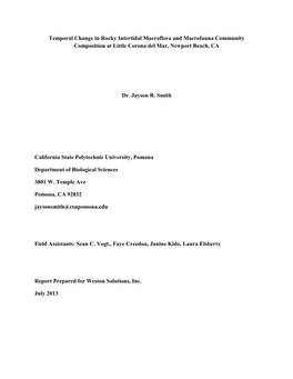 Temporal Change in Rocky Intertidal Macroflora and Macrofauna Community Composition at Little Corona Del Mar, Newport Beach, CA