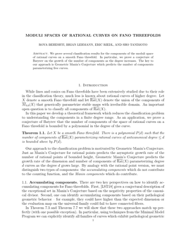 MODULI SPACES of RATIONAL CURVES on FANO THREEFOLDS 1. Introduction While Lines and Conics on Fano Threefolds Have Been Extensiv