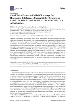 Novel Tetra-Primer ARMS-PCR Assays for Thiopurine Intolerance Susceptibility Mutations NUDT15 C.415C>T and TPMT C.719A>G (TPMT*3C) in East Asians