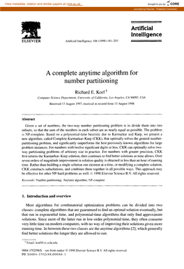 A Complete Anytime Algorithm for Number Partitioning