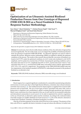 Optimization of an Ultrasonic-Assisted Biodiesel Production Process from One Genotype of Rapeseed (TERI (OE) R-983) As a Novel Feedstock Using Response Surface Methodology