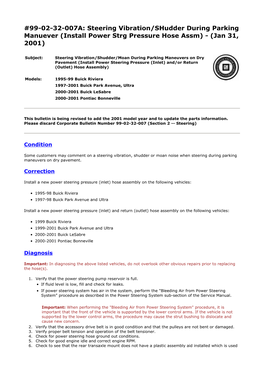 Steering Vibration/Shudder During Parking Manuever (Install Power Strg Pressure Hose Assm) - (Jan 31, 2001)