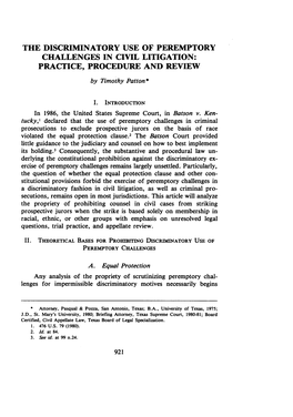 Discriminatory Use of Peremptory Challenges in Civil Litigation: Practice, Procedure and Review