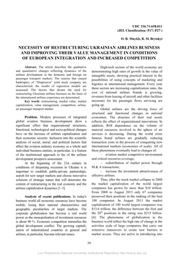 Necessity of Restructuring Ukrainian Airlines Business and Improving Their Value Management in Conditions… UDC 336.71:658.011 (JEL Classification: P17; P27 )