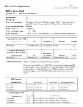 Buffalo Bayou Tidal Segment: 1013 San Jacinto River Basin