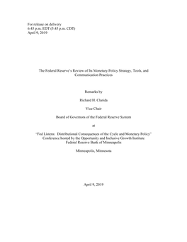 Richard H Clarida: the Federal Reserve's Review of Its Monetary