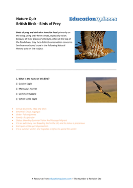 Nature Quiz British Birds Birds of Prey