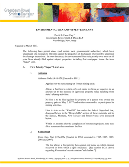 ENVIRONMENTAL LIEN and “SUPER” LIEN LAWS David B. Farer, Esq.* Greenbaum, Rowe, Smith & Davis LLP Woodbridge, New Jersey