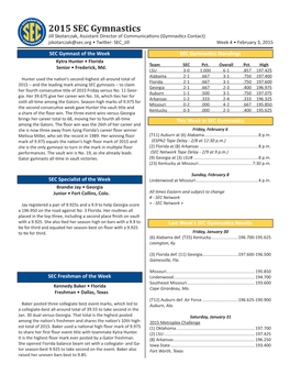 2015 SEC Gymnastics Jill Skotarczak, Assistant Director of Communications (Gymnastics Contact) Jskotarczak@Sec.Org • Twitter: SEC Jill Week 4 • February 3, 2015