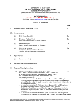 UNIVERSITY of CALIFORNIA SAN DIEGO DIVISION of the ACADEMIC SENATE REPRESENTATIVE ASSEMBLY [See Pages 3 and 4 for Representative Assembly Membership List]