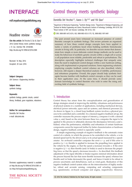 Control Theory Meets Synthetic Biology Rsif.Royalsocietypublishing.Org Domitilla Del Vecchio1,2, Aaron J