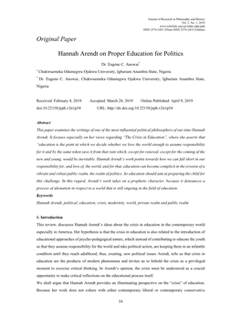 Original Paper Hannah Arendt on Proper Education for Politics