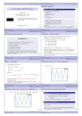 Lecture 1 Overview (MA2730,2812,2815) Lecture 1