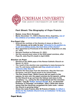 Fact Sheet: the Biography of Pope Francis