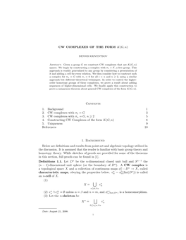 CW COMPLEXES of the FORM K(G, N) Contents 1. Background 1 2