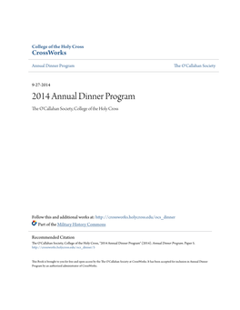 2014 Annual Dinner Program the 'Ocallahan Society, College of the Holy Cross