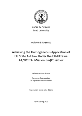 Achieving the Homogeneous Application of EU State Aid Law Under the EU-Ukraine AA/DCFTA: Mission (Im)Possible?