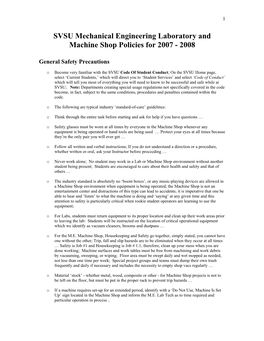 SVSU Mechanical Engineering Laboratory and Machine Shop Policies for 2007 - 2008