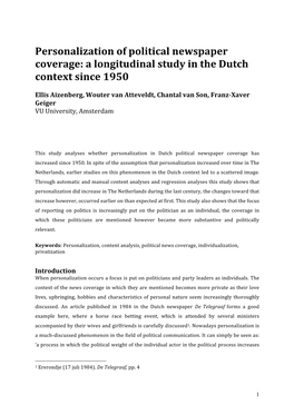 Personalization of Political Newspaper Coverage: a Longitudinal Study in the Dutch Context Since 1950