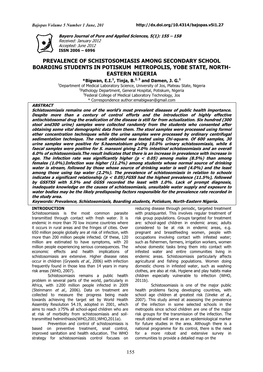 Prevalence of Schistosomiasis Among Secondary School Boarding Students in Potiskum Metropolis, Yobe State, North- Eastern Nigeria