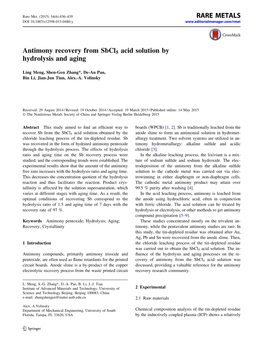 Antimony Recovery from Sbcl5 Acid Solution by Hydrolysis and Aging