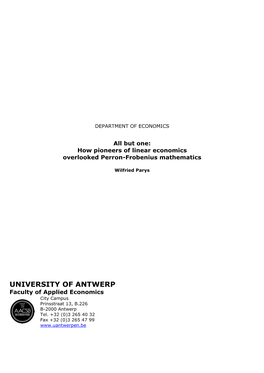 UNIVERSITY of ANTWERP Faculty of Applied Economics City Campus Prinsstraat 13, B.226 B-2000 Antwerp Tel