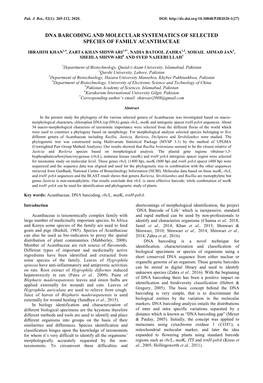 Dna Barcoding and Molecular Systematics of Selected Species of Family Acanthaceae