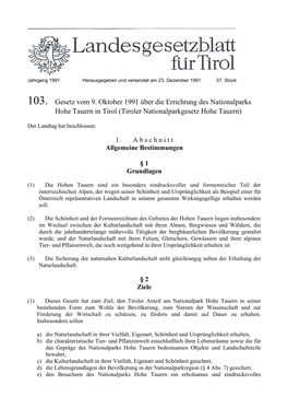 103. Gesetz Vom 9. Oktober 1991 Über Die Errichtung Des Nationalparks Hohe Tauern in Tirol (Tiroler Nationalparkgesetz Hohe Tauern)