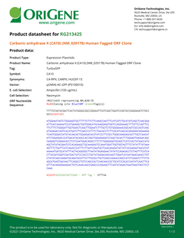 Carbonic Anhydrase X (CA10) (NM 020178) Human Tagged ORF Clone Product Data