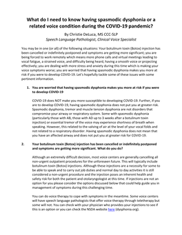 Spasmodic Dysphonia and Related Voice Conditions During COVID-19