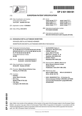 Isoxazole Beta-Lactamase Inhibitors Isoxazol-Beta-Lactamase-Hemmer Inhibiteurs Des Beta-Lactamases Dérivés D’Isoxazole