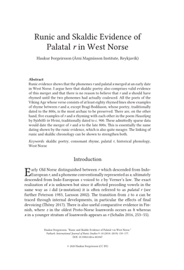 Runic and Skaldic Evidence of Palatal R in West Norse. Futhark 9–10