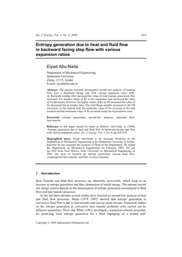 Entropy Generation Due to Heat and Fluid Flow in Backward Facing Step Flow with Various Expansion Ratios