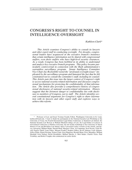 Congress's Right to Counsel in Intelligence Oversight