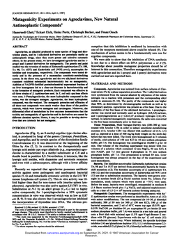 Mutagenicity Experiments on Agroclavines, New Natural Antineoplastic Compounds1