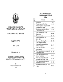 POLICY NOTE 2010 – 2011 HANDLOOMS and TEXTILES Index S