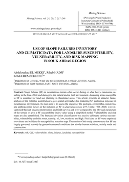 Use of Slope Failures Inventory and Climatic Data for Landslide Susceptibility, Vulnerability, and Risk Mapping in Souk Ahras Region