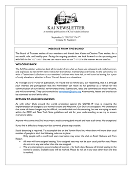 KAJ NEWSLETTER a Monthly Publication of K’Hal Adath Jeshurun