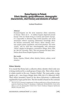 Roma/Gypsies in Poland. Ethnic Identity, Group Differences, Demographic Characteristic, Short History and Elements of Culture1