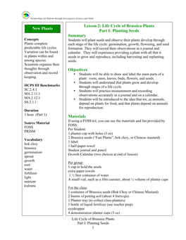 Lesson 2: Life Cycle of Brassica Plants Part I: Planting Seeds