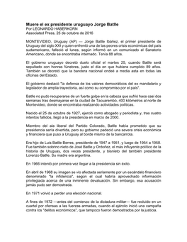 Muere El Ex Presidente Uruguayo Jorge Batlle Por LEONARDO HABERKORN Associated Press, 25 De Octubre De 2016