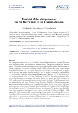 Checklist of the Ichthyofauna of the Rio Negro Basin in the Brazilian Amazon