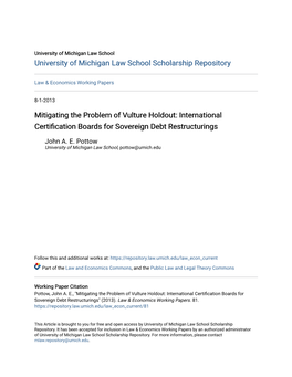 Mitigating the Problem of Vulture Holdout: International Certification Boards for Sovereign Debt Restructurings