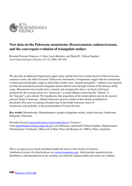 New Data on the Paleocene Monotreme Monotrematum Sudamericanum, and the Convergent Evolution of Triangulate Molars