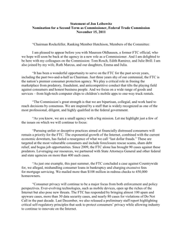 Statement of Jon Leibowitz Nomination for a Second Term As Commissioner, Federal Trade Commission November 15, 2011