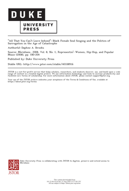 Black Female Soul Singing and the Politics of Surrogation in the Age of Catastrophe Author(S): Daphne A