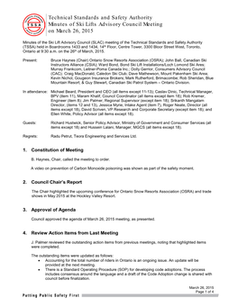 Minutes of the Amusement Devices Council Meeting of the Technical Standards and Safety Authority (TSSA) Held in the Boardroom 14