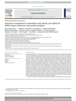 Nutritional Management of Individuals with Obesity and COVID-19: ESPEN Expert Statements and Practical Guidance